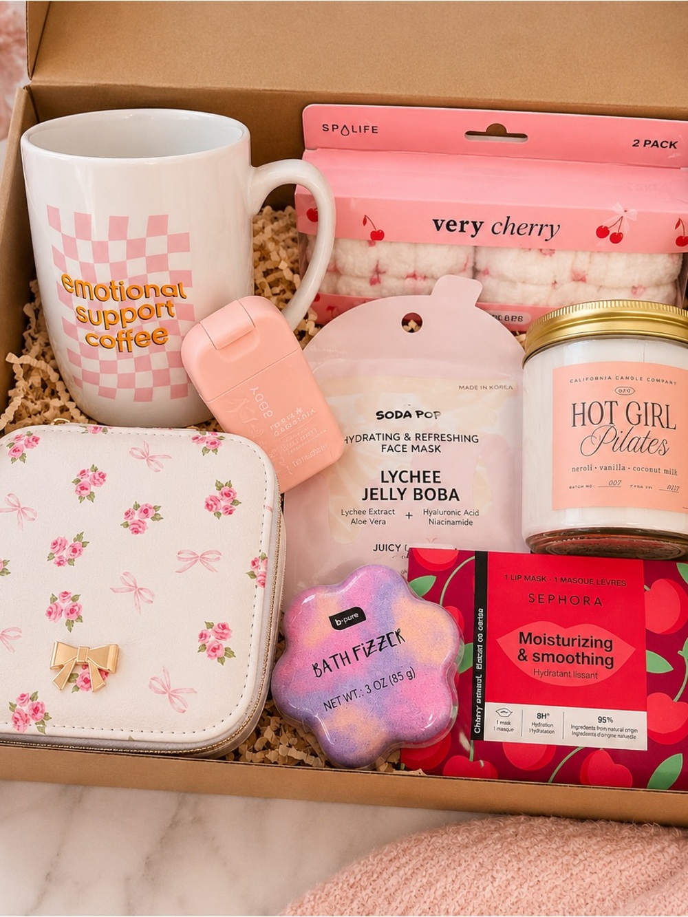 Pink Self Care Spa Gift Box for women jewelry case, mug, candle, face mask, lip